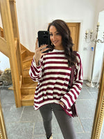 Wine Stripe Dip Hem Top Sage